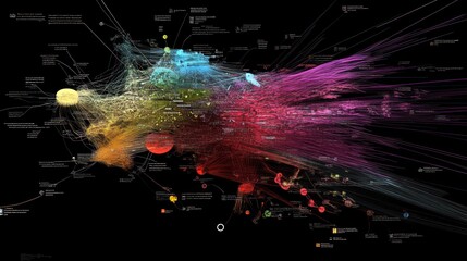 Wall Mural - Data streams flow, network map, dark background, visualization