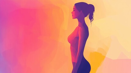 Wall Mural - Minimalist illustration showcasing a slim female silhouette emphasizing a highlighted waistline against a colorful background. Generative AI