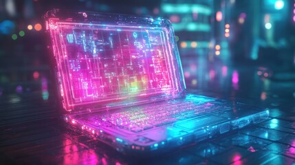 Wall Mural - Neon Laptop, City Night, Data Flow, Future Tech