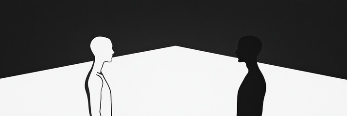 Leinwandbilder - Two figures facing each other in a minimalist design contrasting black and white colors with geometric shapes. Generative AI