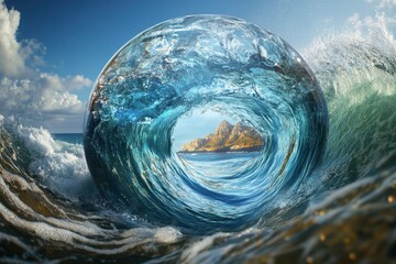 Wall Mural - Stunning wave forming a crystal clear tunnel with a coastal view in the background