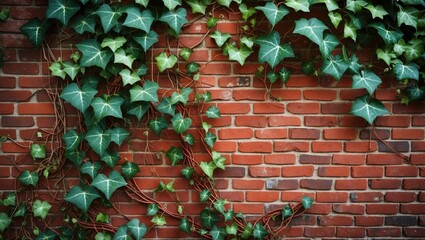 Aufkleber - Lush green ivy crawling over a rustic red brick wall creating a vibrant natural contrast in a serene outdoor setting