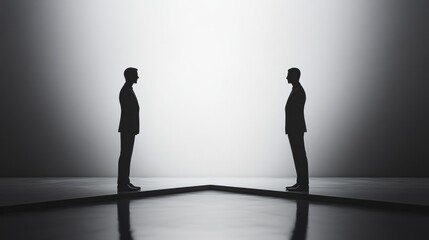 Poster - Two silhouetted figures facing each other in a minimalist setting with dramatic lighting and reflections on the floor. Generative AI
