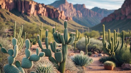 Aufkleber - Cactus Landscape with Mountains and Diverse Vegetation in a Scenic Tourist Destination During Daylight