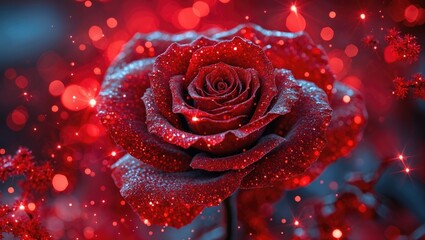Poster - Vibrant red rose with sparkling effects set against a blurred background of red bokeh lights creating an enchanting and romantic atmosphere