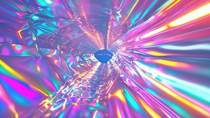 Poster - Abstract holographic tunnel with vibrant neon colors and reflective textures, creating a dynamic and visually stunning background design.