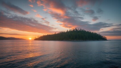 Poster - Serene Island Sunset Over Calm Waters in National Park With Expansive Sky and Space for Text Content