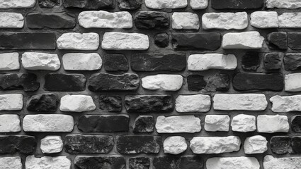 Poster - Black and white textured stone wall background featuring an old pattern of bricks ideal for modern decor and artistic designs.