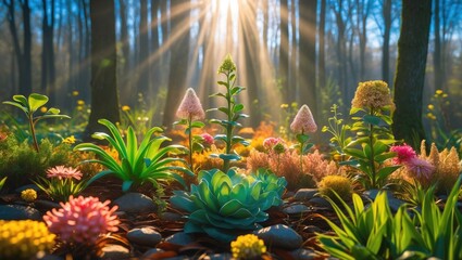 Aufkleber - Vibrant spring flowers illuminated by sunlight in a serene forest setting, showcasing the beauty of nature and diverse plant life.