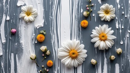 Poster - Elegant floral arrangement with white daisies and colorful accents on a textured gray background, ideal for wedding invitations or greeting cards.