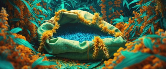 Aufkleber - Vibrant hemp sack filled with blue seeds surrounded by lush greenery and orange flowers in an enchanting natural setting.