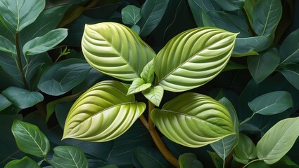 Poster - Vibrant epipremnum aureum leaves showcasing intricate textures surrounded by lush greenery in a natural setting.