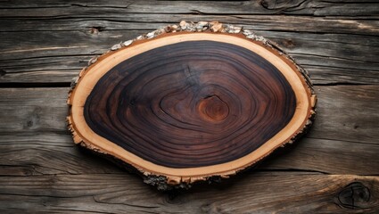 Fototapete - Isolated black cherry wood slab with natural bark edge on rustic wooden background showcasing unique grain patterns and textures