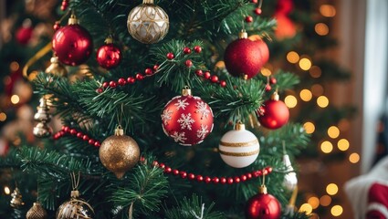 Poster - Close-up of a beautifully decorated Christmas tree showcasing festive ornaments and warm bokeh lights for holiday celebrations.