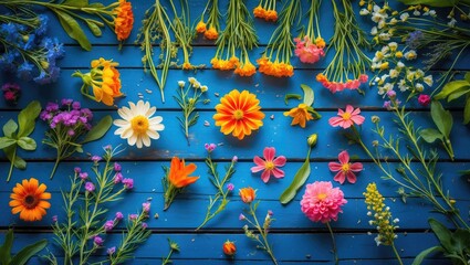Poster - Colorful arrangement of herbal and wildflowers on a vibrant blue wooden table background creating a fresh and cheerful aesthetic.