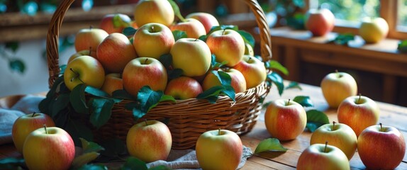 Leinwandbilder - Fresh Jonagold apples in a woven basket on a rustic wooden table surrounded by more apples and green leaves in a cozy indoor setting.