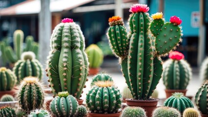 Poster - Vibrant Cactus Collection in Thailand Showcasing Unique Varieties and Colorful Blooms in a Lush Green Environment