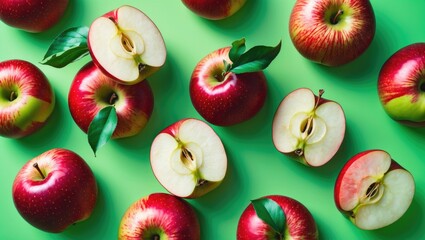 Leinwandbilder - Vibrant red apples with green leaves on a bright green background showcasing fresh summer produce in a minimal flat lay composition.