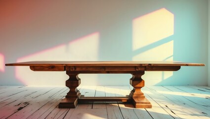 Poster - Vintage wooden table with elegant design and textured surface displayed against a minimalistic white background creating a warm, inviting atmosphere.