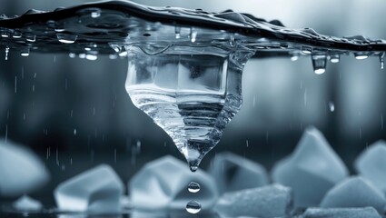 Aufkleber - Melting ice creates intricate patterns in water with droplets cascading, captured in a monochromatic close-up shot.
