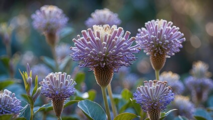 Aufkleber - Vibrant blooming Kailinga flowers showcasing unique purple spikes set against a soft green background in a natural garden setting.