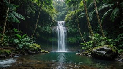 Leinwandbilder - Serene Hidden Waterfall Surrounded by Lush Greenery in a Tropical Rainforest Setting