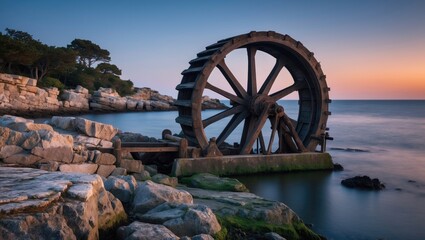 Leinwandbilder - Rustic Water Wheel at Sunset on Rocky Shoreline Surrounded by Calm Waters and Lush Greenery in Coastal Landscape