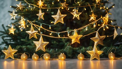 Poster - Golden Christmas lights and decorative stars on a tree create a festive background for holiday celebrations and New Year party concepts.