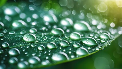 Poster - Water droplets on a green leaf with a bokeh effect showcasing texture and light interplay in a nature close-up composition