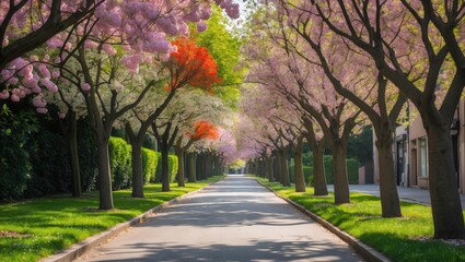 Aufkleber - Vibrant Alleyway of Blooming Tassel Trees in Early Summer Creating a Picturesque Scene of Nature's Beauty and Colorful Foliage
