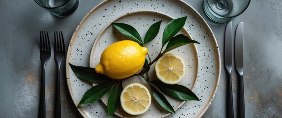 Poster - Lemon with leaves on speckled plates surrounded by elegant cutlery and glassware on a rustic textured surface for a fresh dining setting.