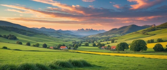 Poster - Serene rural landscape depicting rolling green hills, meadows, and distant mountains under a colorful sunset sky with space for text.