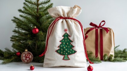 Poster - Embroidered linen gift bag with Christmas tree design near decorated tree and presents, perfect for holiday celebrations and gifting.