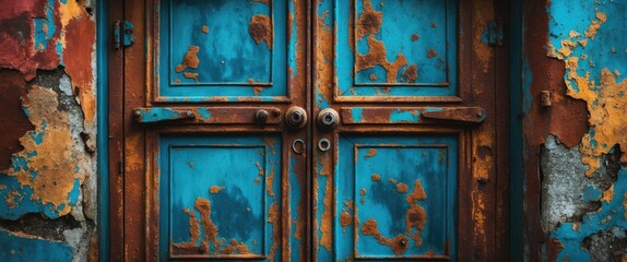 Poster - Rusty blue iron garage door with peeling paint showcasing vintage texture and weathered details for industrial aesthetic design.
