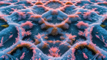 Leinwandbilder - Kaleidoscopic frozen grass with intricate patterns in vibrant colors on a winter landscape creating a mesmerizing nature scene.