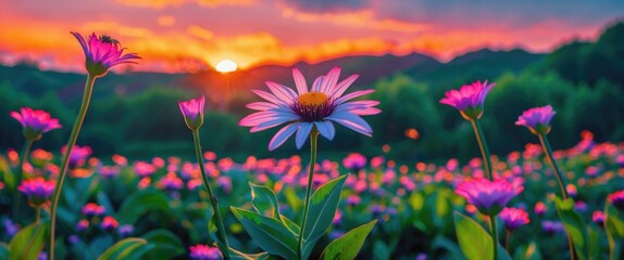 Aufkleber - Vibrant flower field at sunset with colorful skies and lush greenery creating a serene and picturesque landscape.
