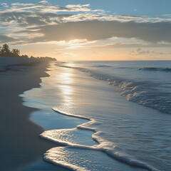 Wall Mural - A tranquil beach at dusk with soft waves and the sound of seagulls in the distance.