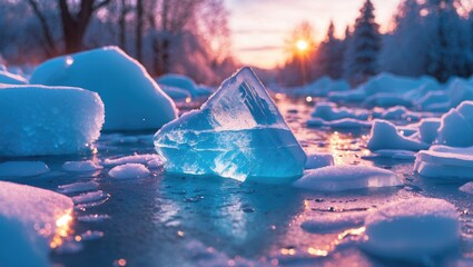 Aufkleber - Glacial ice formation in winter landscape at sunrise with vibrant colors illuminating a frozen river and surrounding snow-covered terrain.