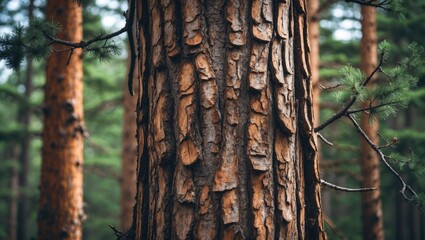 Aufkleber - Detailed close-up of pine tree bark showcasing textured surface with green needles and dry branches in a lush forest setting.