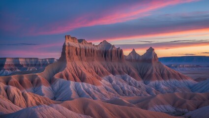 Poster - Stunning twilight hues illuminate dramatic badlands formations showcasing intricate textures and shapes in a breathtaking natural landscape.
