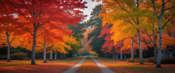 Poster - Autumn pathway lined with vibrant maple trees showcasing brilliant red and orange foliage in a scenic landscape