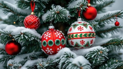 Poster - Christmas tree decorations with red and white ornaments amidst snow and ice, creating a festive winter ambiance for the holiday season.