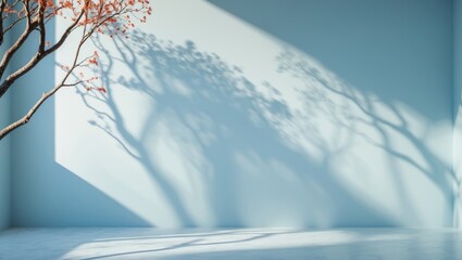 Aufkleber - Gentle light blue background with intricate tree shadows creating a serene and minimalist space ideal for product presentation.