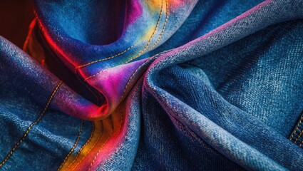 Poster - Denim fabric close-up showcasing vibrant color shifts and intricate stitching patterns for fashion and textile design.