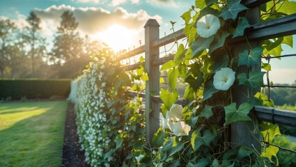 Poster - Ivy Climbing a Wooden Fence with White Flowers in a Lush Garden During Sunlit Morning Hours