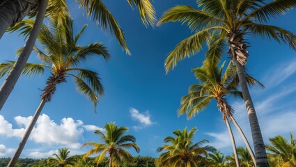 Leinwandbilder - Bottle Palm Trees Under Clear Blue Sky with Green Foliage and Empty Space for Text Ideal for Tropical and Nature Themes