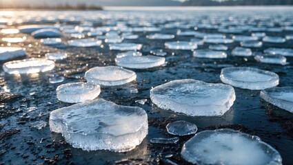 Leinwandbilder - Ice formations scattered across a frozen surface reflecting sunlight in a serene winter landscape.
