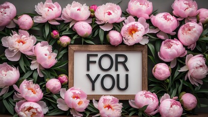 Aufkleber - Elegant Arrangement of Pink Peonies Framed with a Sign Saying For You Ideal for Romantic or Gift-Themed Designs