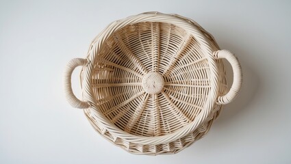 Fototapete - Ivory Artificial Rattan Wicker Basket With Lid Top View Isolated On White Background Perfect For Home Decor Or Storage Showcasing Empty Space