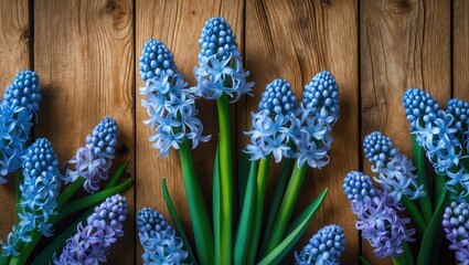 Poster - Blue hyacinth flowers arranged on a rustic wooden background showcasing spring beauty and floral elegance. Perfect for seasonal decor or gardening themes.